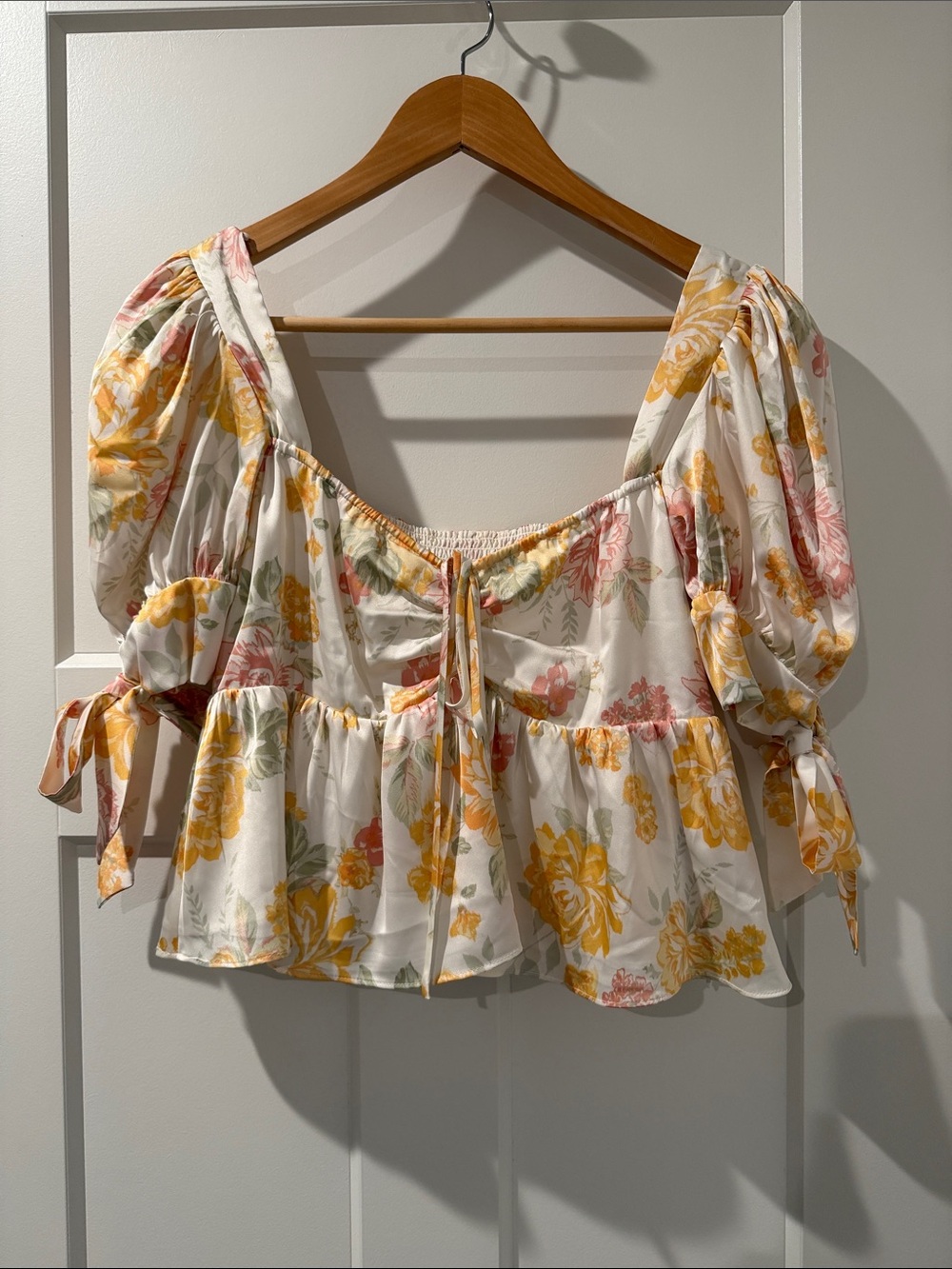 Wayf White Puff-Sleeve Peplum Top with Yellow & Pink Floral